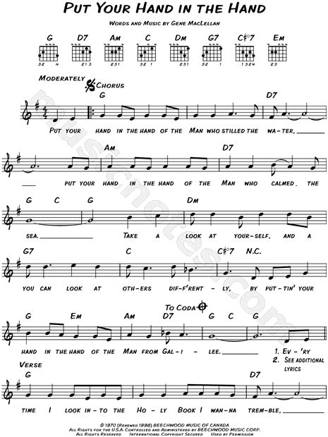ocean put your hand in the hand sheet music leadsheet in g major transposable download