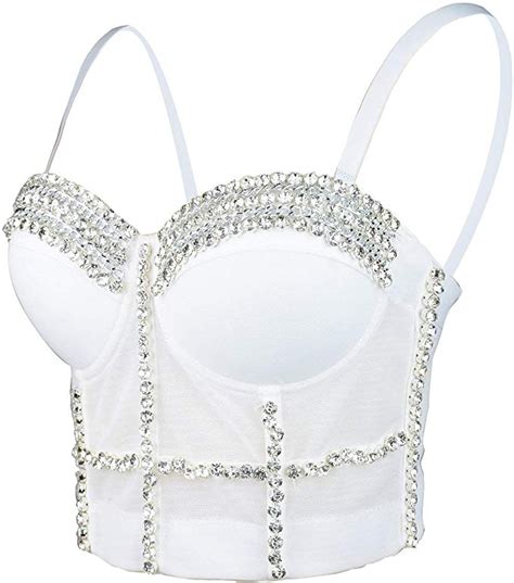 Ellacci Womens White Diamond Chain Mesh Bustier Crop Top Push Up