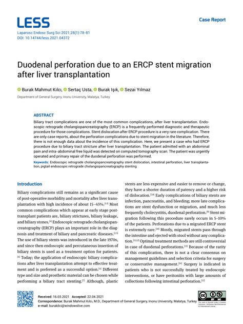 Pdf Duodenum Perforation Due To Ercp Stent Migration After Liver