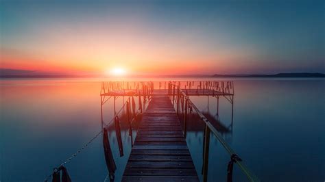 Nature Landscape Fence Water Lake Long Exposure Sun Sunset