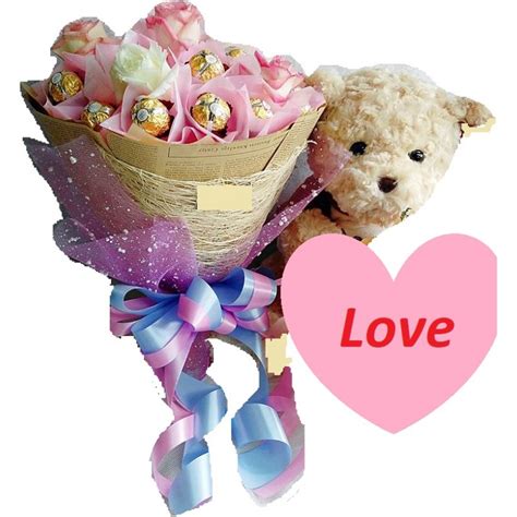 All these are unique and designer bouquets and arrangements that will definitely loved by your dear one. flower with chocolate and teddy bear size 90 cm ...
