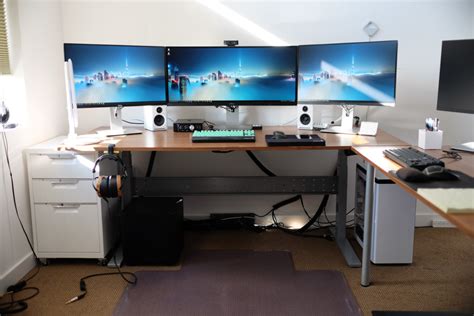 Ikea Gaming Computer Desk Setup With Drawer Also Triple Monitors And White Pc Case Battle