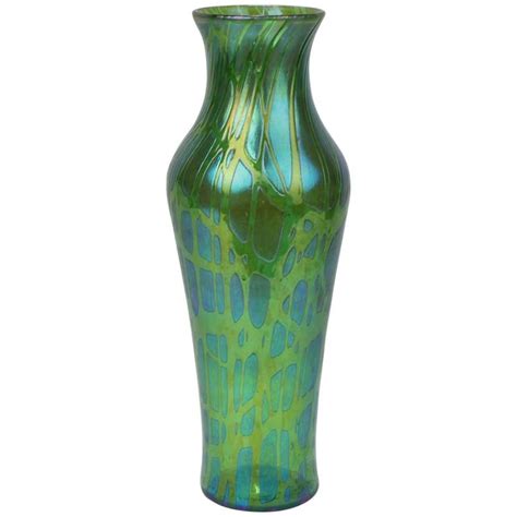 Large Antique Art Nouveau Period Loetz Green Crete Pampas Pattern Art Glass Vase At 1stdibs