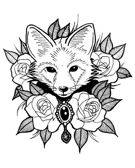 Cute Fox With Roses Foxes Adult Coloring Pages