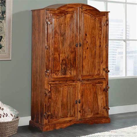 Modern Gothic Rustic Solid Wood Large Wardrobe Armoire With Shelves
