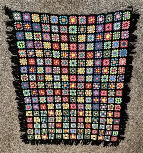 Vintage Granny Square Black Colorful Afghan Crochet Blanket Fringed 58
