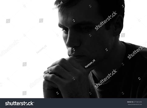 Blackandwhite Silhouette Portrait Face Sad Caucasian Stock Photo