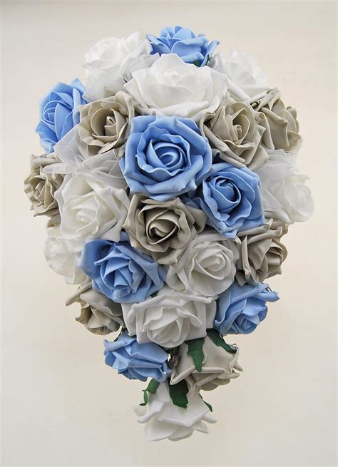 Brides Light Grey Light Blue White Foam Rose Wedding Shower Bouquet
