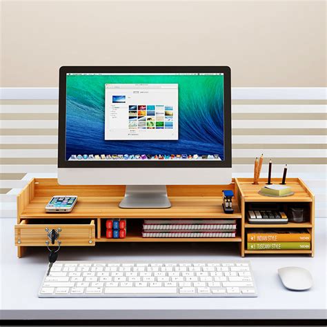 Multi Function Desktop Monitor Stand Computer Laptop Screen Riser Wood