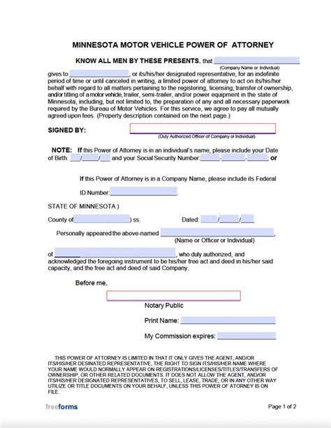 Free Minnesota Motor Vehicle Power Of Attorney Form Pdf