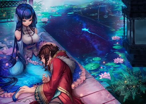 Wallpaper Anime Couple Reflection Merc Storia Sleeping Anime Style Games Stars Water