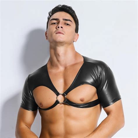 Men Sexy Faux Leather T Shirts Male Latex Dj Club Wear Black Wet Look Tees Tight Shirts Gay Pvc
