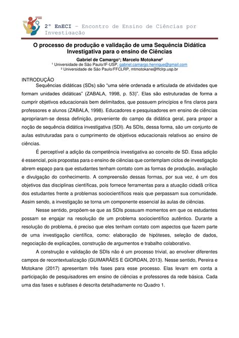 Pdf O Processo De Produção E Validação De Uma Sequência Didática Investigativa Para O Ensino