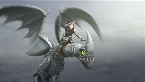 A Woman Riding On The Back Of A Dragon Next To A Green Ball In Its Mouth
