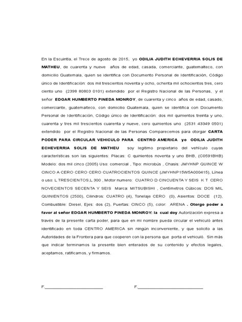 Carta Poder Para Circular Vehiculo Para Centro America Pdf
