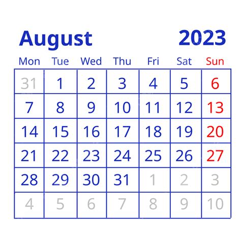 Blue Color Calendar August 2023 2023 August Calendar Png Transparent