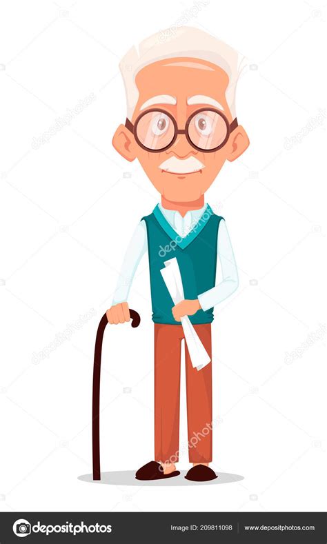 Grandfather Wearing Eyeglasses Silver Haired Grandpa Cartoon Character Walking Stick Stock