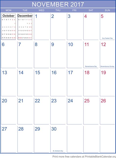 November 2017 Printable Calendar Template Printable Blank