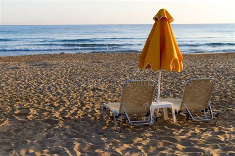 Beach Sun Beds And Shade Unbrella At Sandy Beach Crete Greece Stock Image Image Of Holidays