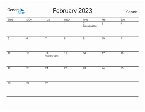 Printable February 2023 Monthly Calendar With Holidays For Canada