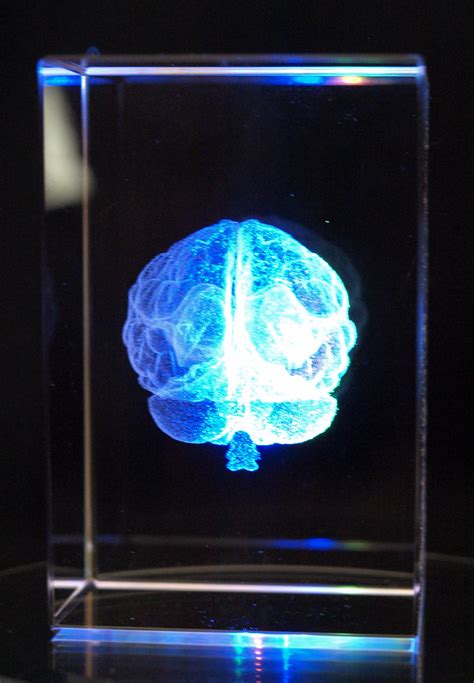 Crystal Cube 3d Brain Holographic Laser Etched With 4 Led Lighted Base