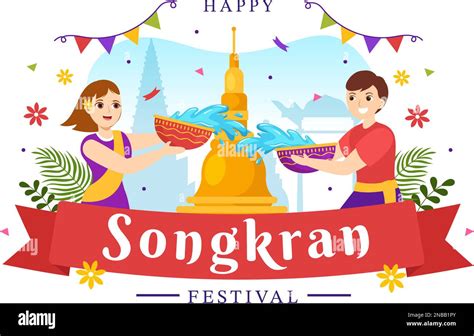 Happy Songkran Festival Day Illustration With Kids Playing Water Gun In