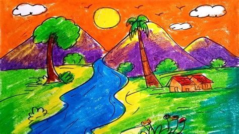 Easy Scenery For Kids How To Draw Sunset Scenery For Beginners With