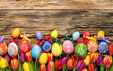 Download Wallpapers Happy Easter 4k Colorful Tulips Easter Eggs