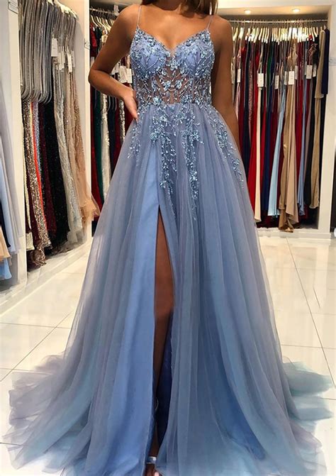A Line V Neck Spaghetti Straps Sweep Train Tulle Prom Dress With