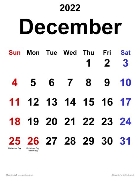 December 22 Printable Calendar