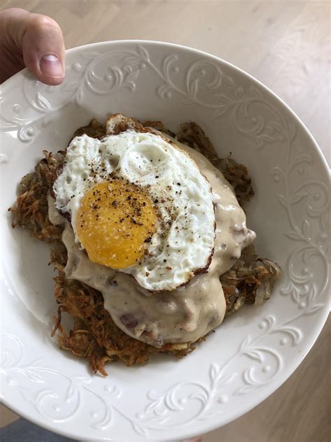 Homemade Hash Browns Bacon Gravy And Fried Egg 2448x3846 R