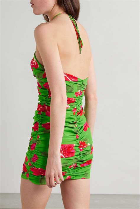 green cutout ruched floral print stretch silk twill halterneck mini dress magda butrym net a