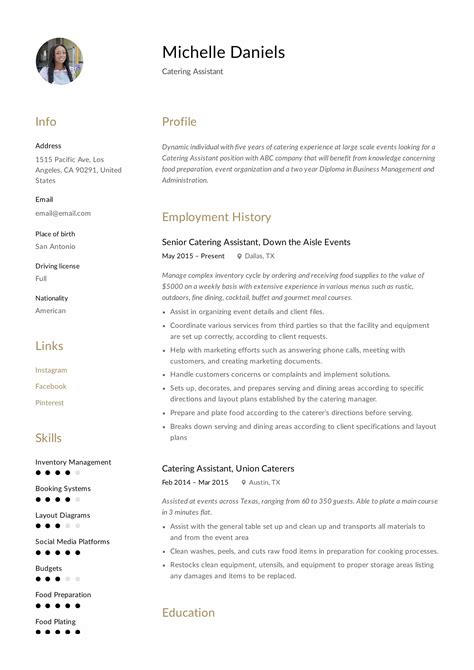 Catering Services Resume Samples Assistant Catering Manager Resume
