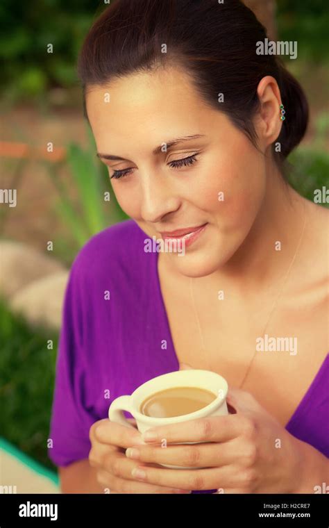 Beautiful Young Woman Drinking Hot Coffee Outdoors Stock Photo Alamy