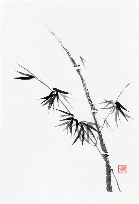 Bamboo Stalk With Young Leaves Minimalistic Sumi E Japanese Zen