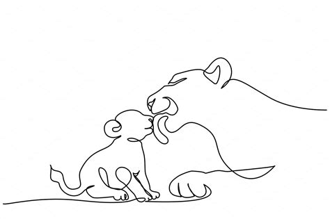 Young Lioness With Lion Cub One Line Animal Illustrations ~ Creative