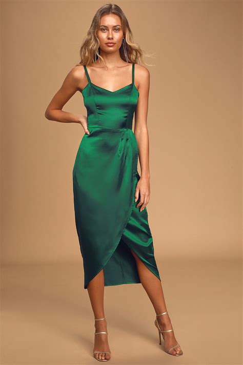 forest green dress satin midi dress sleeveless tulip dress lulus