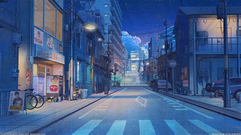 Anime Street Road Buildings Scenery Night Stars Anime Hd