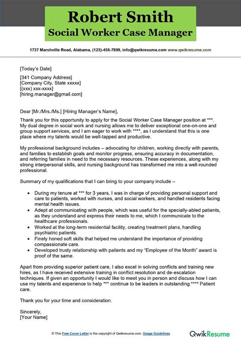 Social Worker Case Manager Cover Letter Examples Qwikresume