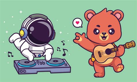 Cute Bear Playing Guitar With Metal Hand And Astronaut Playing Dj
