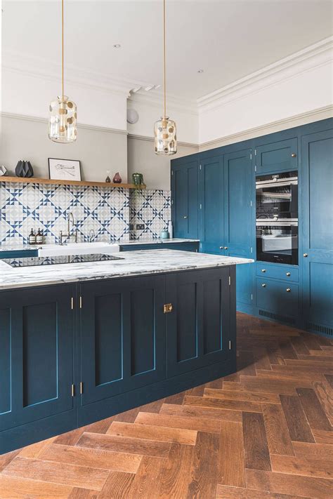 Dark Blue Geometric Kitchen With Parquet Flooring Geometric Kitchen
