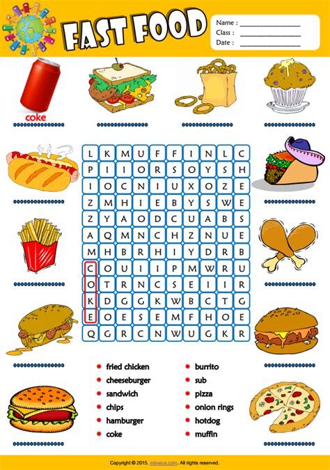 Fast Food Esl Vocabulary Word Search Worksheet For Kids Hoc360 Net Riset