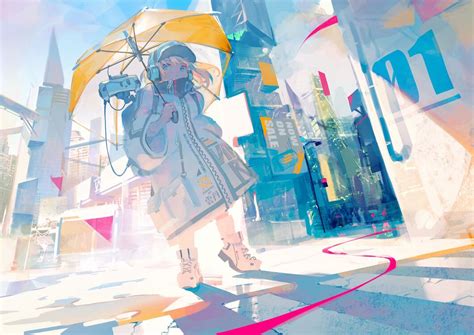 Фото обои аниме девушка полихроматический городской город зонтик