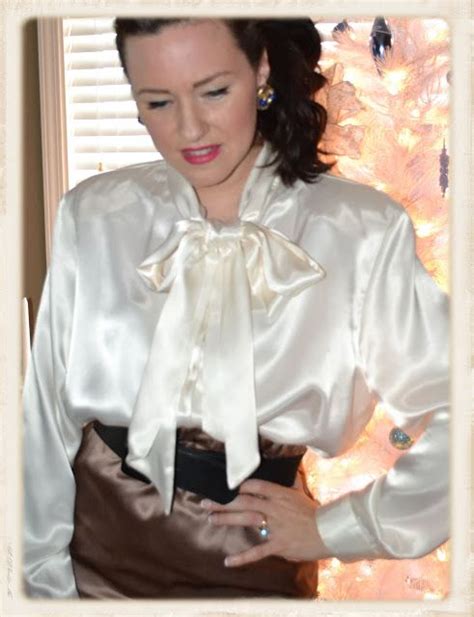 Ivory Satin Bow Blouse And Brown Satin Skirt