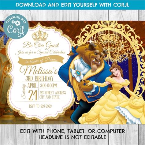 Instant Download Beauty And The Beast Invitation Beauty Etsy