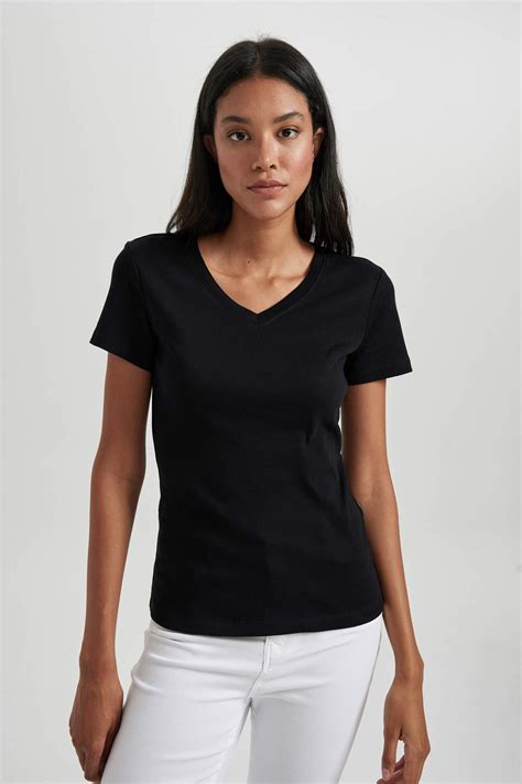 Black Women Slim Fit V Neck Short Sleeve T Shirt 2696018 Defacto