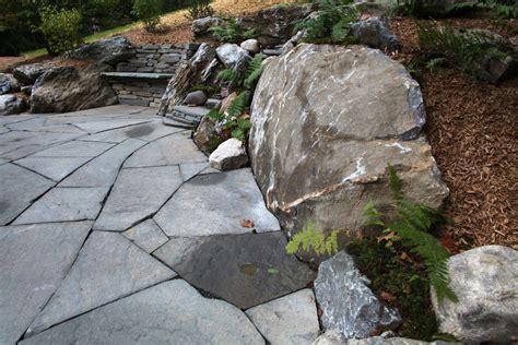 Indian Run Landscaping Natural Flagstone Patio With Fire Pit