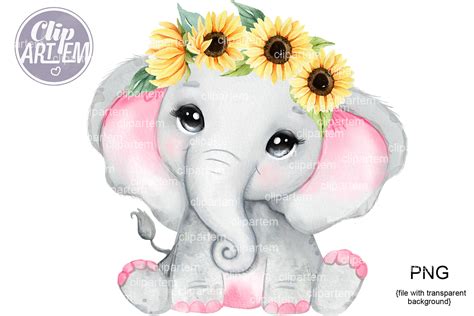 Super Cute Pink Elephant With Sunflower Crown Watercolor Png Images By