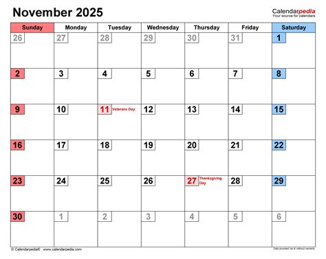 November 2025 Calendar Templates For Word Excel And Pdf