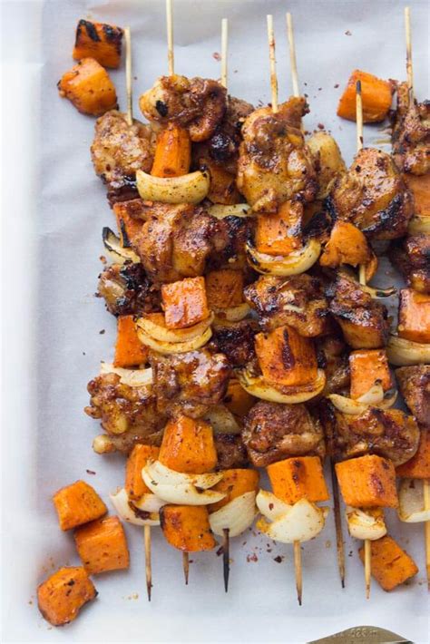 The marinade is savory, spicy, sweet and a little smoky too. Spicy-Honey Glazed Chicken and Sweet Potato Kebabs ...